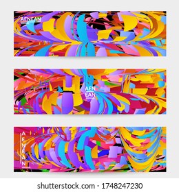 Abstract banner template with bright colored random small particle explosion. Sport music social media layout. Optical art dynamic background with outer space motion. Futuristic vector.