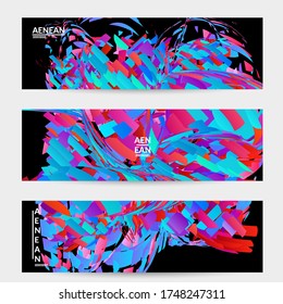 Plantilla de pancarta abstracta con explosión aleatoria de partículas pequeñas de color brillante. Diseño de medios sociales de música deportiva. Fondo dinámico del arte óptico con movimiento en el espacio ultraterrestre. Vector futurista.