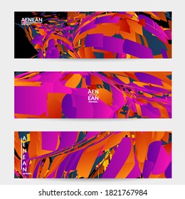 Abstract banner template with bright colored random small particle explosion. Sport music social media layout. Optical art dynamic background with outer space motion. Futuristic vector.