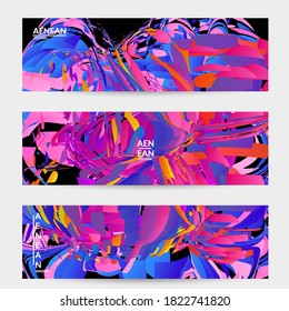 Abstract banner template with bright colored random small particle explosion. Sport music social media layout. Optical art dynamic background with outer space motion. Futuristic vector.