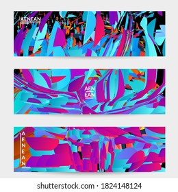 Abstract banner template with bright colored random small particle explosion. Sport music social media layout. Optical art dynamic background with outer space motion. Futuristic vector.