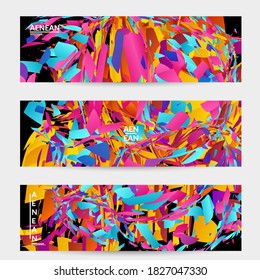 Abstract banner template with bright colored random small particle explosion. Sport music social media layout. Optical art dynamic background with outer space motion. Futuristic vector.