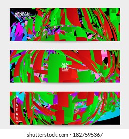 Abstract banner template with bright colored random small particle explosion. Sport music social media layout. Optical art dynamic background with outer space motion. Futuristic vector.