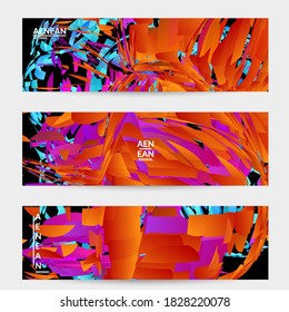 Abstract banner template with bright colored random small particle explosion. Sport music social media layout. Optical art dynamic background with outer space motion. Futuristic vector.