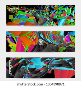 Abstrakte Bannervorlage mit hellfarbiger Zufallsfraktion kleiner Teilchenexplosion. Social Media-Layout von Sportmusik. Optische Kunst, dynamischer Hintergrund mit Bewegung im Weltraum. Futuristische Vektorgrafik.