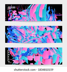 Abstract banner template with bright colored random small particle explosion. Sport music social media layout. Optical art dynamic background with outer space motion. Futuristic vector.