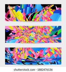 Abstract banner template with bright colored random small particle explosion. Sport music social media layout. Optical art dynamic background with outer space motion. Futuristic vector.