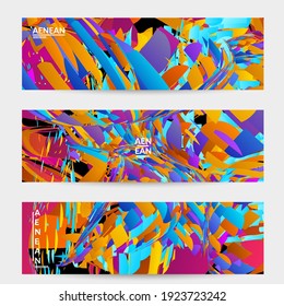 Plantilla de pancarta abstracta con explosión aleatoria de partículas pequeñas de color brillante. Diseño de medios sociales de música deportiva. Fondo dinámico del arte óptico con movimiento en el espacio ultraterrestre. Vector futurista.