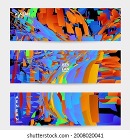 Abstrakte Bannervorlage mit hellfarbiger Zufallsfraktion kleiner Teilchenexplosion. Social Media-Layout von Sportmusik. Optische Kunst, dynamischer Hintergrund mit Bewegung im Weltraum. Futuristische Vektorgrafik.