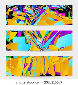 Abstract banner template with bright colored random small particle explosion. Sport music social media layout. Optical art dynamic background with outer space motion. Futuristic vector.