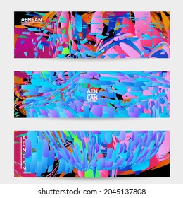Abstract banner template with bright colored random small particle explosion. Sport music social media layout. Optical art dynamic background with outer space motion. Futuristic vector.
