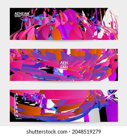 Abstract banner template with bright colored random small particle explosion. Sport music social media layout. Optical art dynamic background with outer space motion. Futuristic vector.