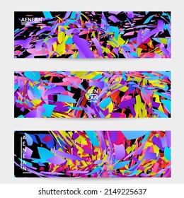 Plantilla de pancarta abstracta con explosión aleatoria de partículas pequeñas de color brillante. Diseño de medios sociales de música deportiva. Fondo dinámico del arte óptico con movimiento en el espacio ultraterrestre. Vector futurista.