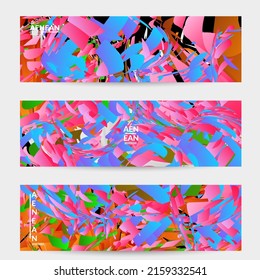 Plantilla de pancarta abstracta con explosión aleatoria de partículas pequeñas de color brillante. Diseño de medios sociales de música deportiva. Fondo dinámico del arte óptico con movimiento en el espacio ultraterrestre. Vector futurista.