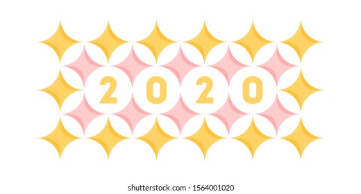 Abstract banner template design with 2020 numbers on pastel colored geometric pattern with circles and stars in a yellow and pink. Elegant vector illustration for calendar, banner or web page