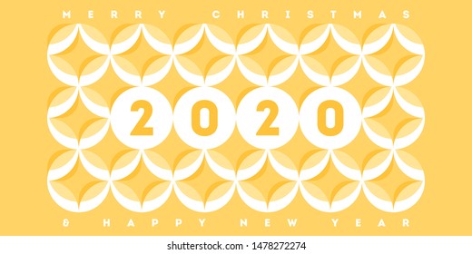 Abstrato banner modelo design com números elegantes 2020 em pastel colorido padrão geométrico com círculos e estrelas em um amarelo e branco. Ilustração vetorial moderna para calendário, banner ou página da Web