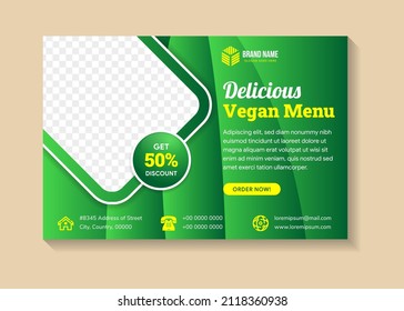 abstract banner template design use a headline is delicious vegan menu. Horizontal layout with space for photo and text. green gradient background with white and yellow color on elements
