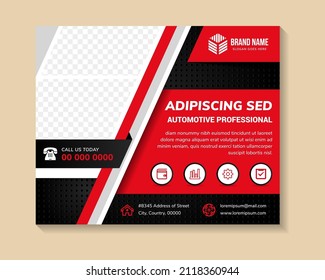 abstract banner template design use a headline is automotive professional. Horizontal layout with space for photo and text. black background with red and grey color on elements. circle hole pattern