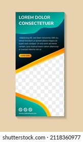 abstract banner template design use a headline is dummy text. vertical layout with space for photo and text. blue gradient background with yellow and green gradient color on elements