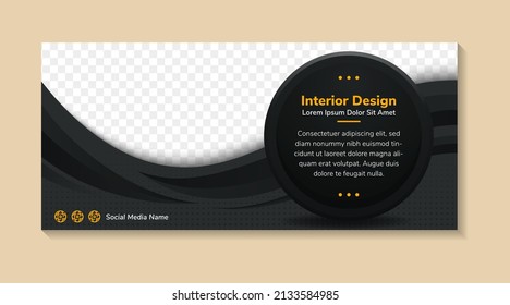 abstract banner template design use a headline is Interior design. horizontal layout with space for photo collage and text. dark grey black gradient element and background.