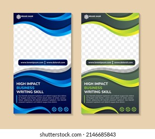 diseño abstracto de plantillas de banner usar un titular es una habilidad de escritura comercial de alto impacto. disposición vertical con espacio para el collage de fotos. fondo blanco con azul y verde sobre los elementos.