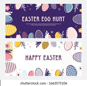 abstract banner template for Easter Egg hunt . Greeting card, poster or banner with bunny, flowers and Easter egg. Spring background