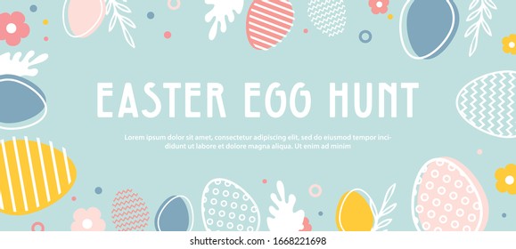 abstract banner template for Easter Egg hunt   Greeting card  poster banner and bunny  flowers   Easter egg  Spring background