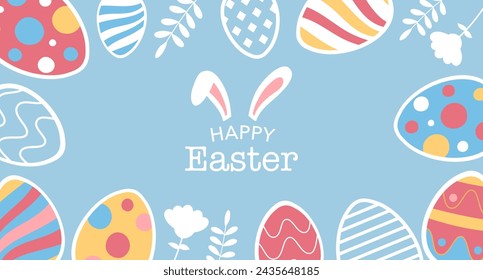 Abstract banner template for Easter Egg hunt . Greeting card, poster or banner with bunny, flowers and Easter eggs.