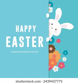 abstract banner template for Easter Egg hunt . Greeting card, poster or banner with bunny, flowers and Easter egg. Spring background