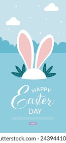 abstract banner template for Easter Egg hunt . Greeting card, poster or banner with bunny, flowers and Easter egg. Spring background