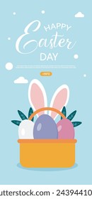 abstract banner template for Easter Egg hunt . Greeting card, poster or banner with bunny, flowers and Easter egg. Spring background