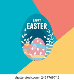 Plantilla de banner abstracto para la caza del huevo de Pascua . Tarjeta de felicitación, póster o banner con conejito, flores y huevo de Pascua. Fondo de primavera