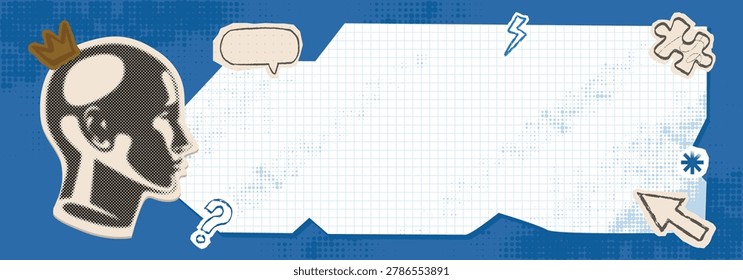Abstract banner template in vintage halftone collage style. A concept of human mind, thoughts, and creativity featuring a head silhouette with grid paper text space