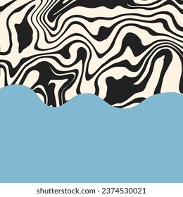 Abstract banner template with zebra pattern and light blue copy space. Trendy groovy square cover for social media post. Retro hippie 70s style. Liquid marble texture.