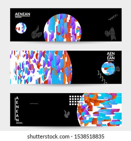 Abstract banner templates with circle filled with bright colored stripes on black. Dynamic modern design with geometric shapes. Simple colorful futuristic elements.