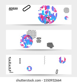 Abstract banner templates with circle filled with bright colored stripes on white. Dynamic modern design with geometric shapes. Simple colorful futuristic elements.