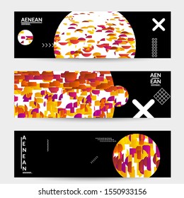Abstract banner templates with circle filled with bright colored stripes on black. Dynamic modern design with geometric shapes. Simple colorful futuristic elements.