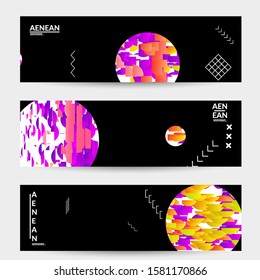 Abstract banner templates with circle filled with bright colored stripes on black. Dynamic modern design with geometric shapes. Simple colorful futuristic elements.