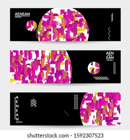 Abstract banner templates with circle filled with bright colored stripes on black. Dynamic modern design with geometric shapes. Simple colorful futuristic elements.