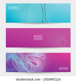 Abstract banner templates with curvy lines on bright gradient. Wavy blended simple background. Minimal modern design for marketing technology