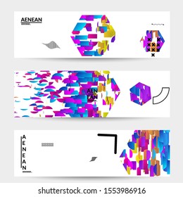 Abstract banner templates with hexagon filled with bright colored stripes on white. Dynamic modern design with geometric shapes. Simple colorful futuristic elements.