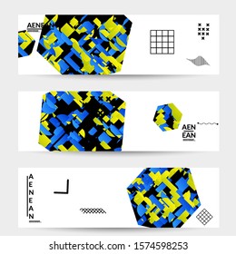 Abstract banner templates with hexagon filled with bright colored stripes on white. Dynamic modern design with geometric shapes. Simple colorful futuristic elements.
