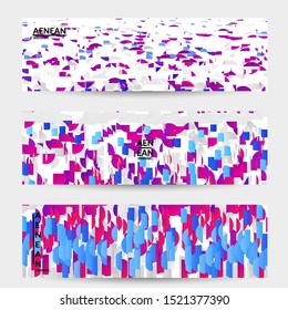 Abstract banner templates with small bright paper pieces on white background. Dynamic modern design with glitch gradient lines. Simple colorful futuristic elements.