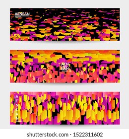 Abstract banner templates with small bright paper pieces on black background. Dynamic modern design with glitch gradient lines. Simple colorful futuristic elements.
