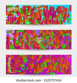 Abstract banner templates with small bright paper pieces on gradient background. Dynamic modern design with glitch gradient lines. Simple colorful futuristic elements.