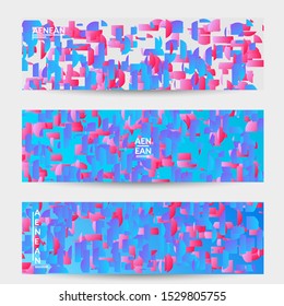 Abstract banner templates with small bright paper pieces on gradient background. Dynamic modern design with glitch gradient lines. Simple colorful futuristic elements.
