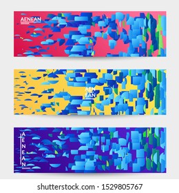 Abstract banner templates with small bright paper pieces on gradient background. Dynamic modern design with glitch gradient lines. Simple colorful futuristic elements.