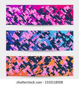 Abstract banner templates with small bright paper pieces on gradient background. Dynamic modern design with glitch gradient lines. Simple colorful futuristic elements.