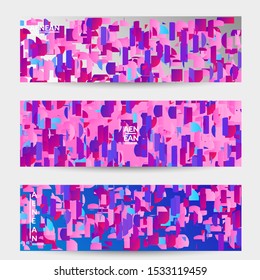 Abstract banner templates with small bright paper pieces on gradient background. Dynamic modern design with glitch gradient lines. Simple colorful futuristic elements.