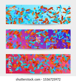Abstract banner templates with small bright paper pieces on gradient background. Dynamic modern design with glitch gradient lines. Simple colorful futuristic elements.
